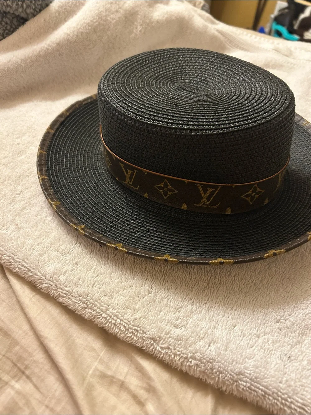 Black Wide-Brim Straw Hat with Monogram Ribbon Accent - Picture 3 of 3